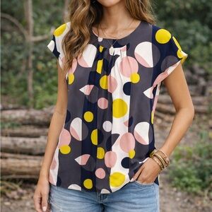 BODEN Ravello Abstract Polkadot Short Sleeve Silk Keyhole Back Blouse Top